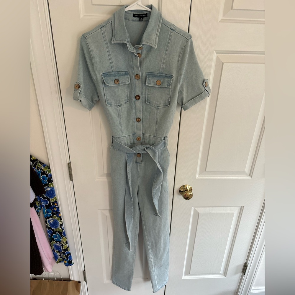 Haute Monde Light Wash Denim Jumpsuit with Tie Waist